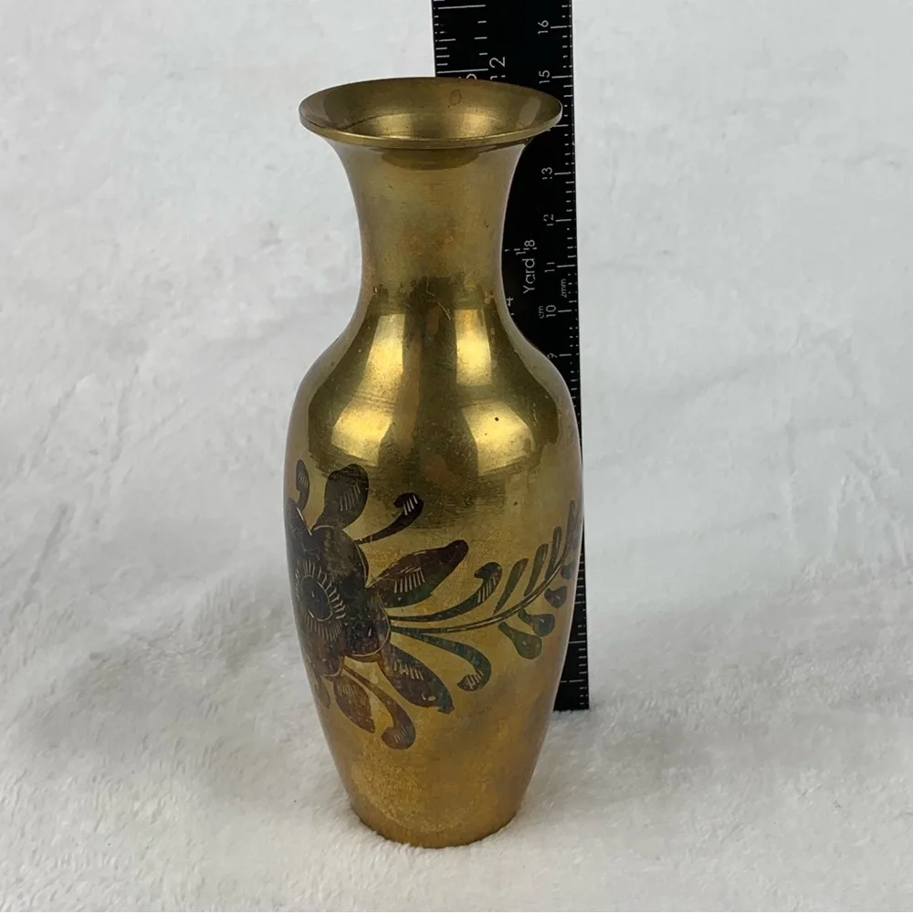 Vintage Brass Bud Vase with‎ etched floral design 6 Inches Tall Original Patina